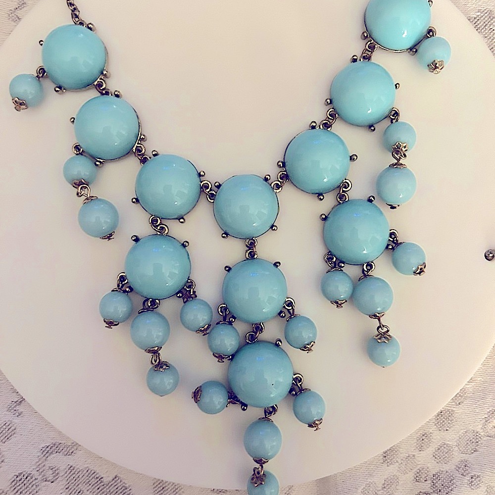 “Bubble Bead” Bib Necklace, unique Seafoam Aqua Color, Adjustable to 24”